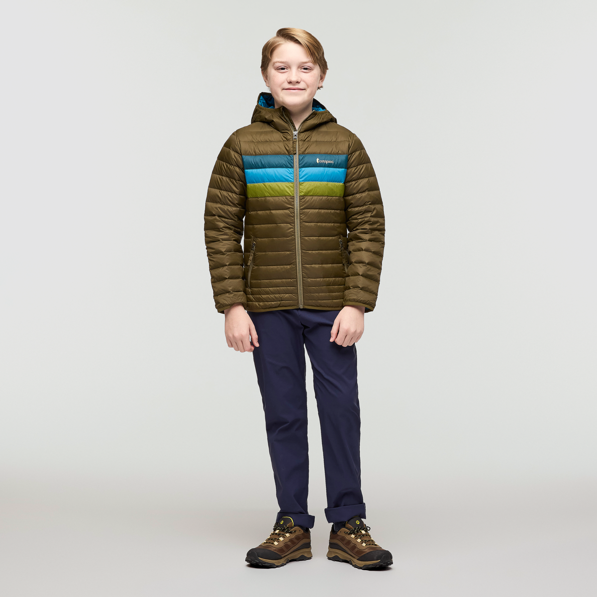 Fuego Hooded Down Jacket - Kids', Live Oak Stripes, Model Dax