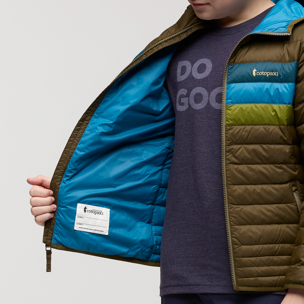 Fuego Hooded Down Jacket - Kids', Live Oak Stripes, Model Dax