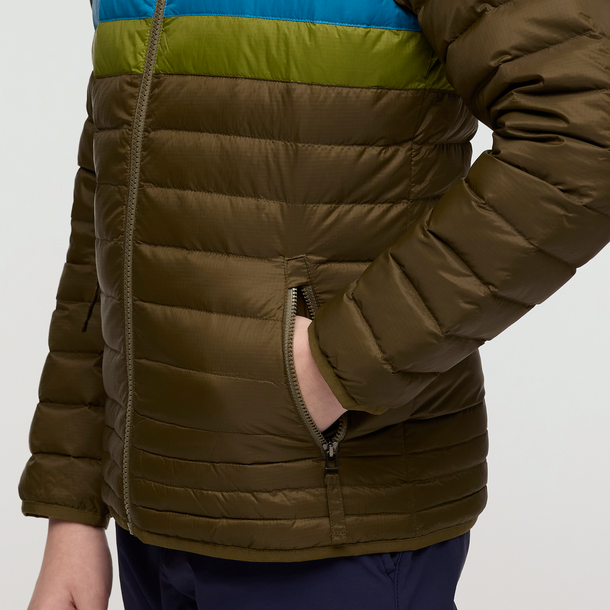 Fuego Hooded Down Jacket - Kids', Live Oak Stripes, Model Dax