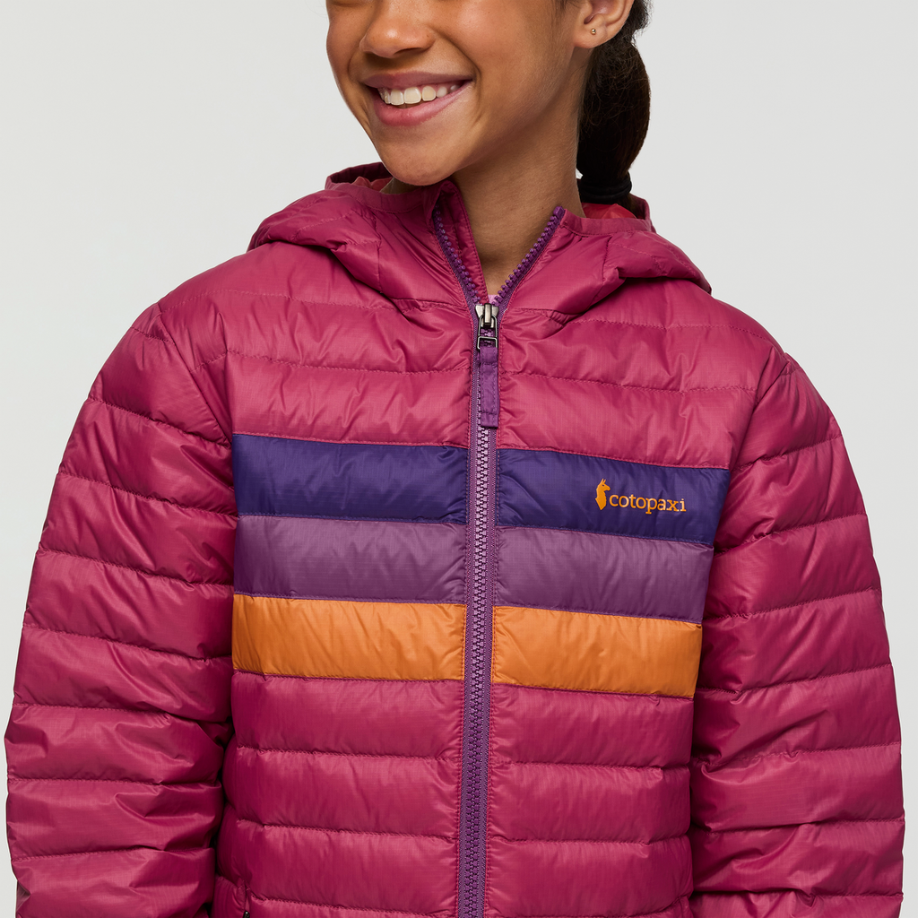 Fuego Hooded Down Jacket - Kids', Sangria Stripes, Model Maliyah