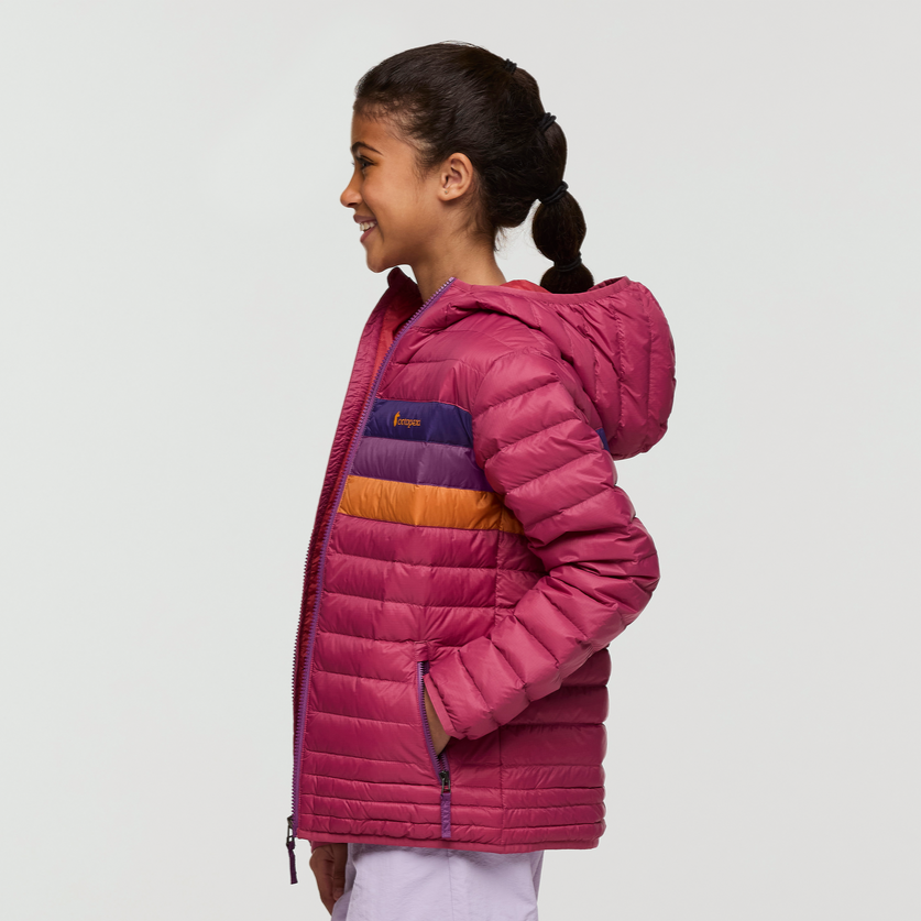 Fuego Hooded Down Jacket - Kids', Sangria Stripes, Model Maliyah
