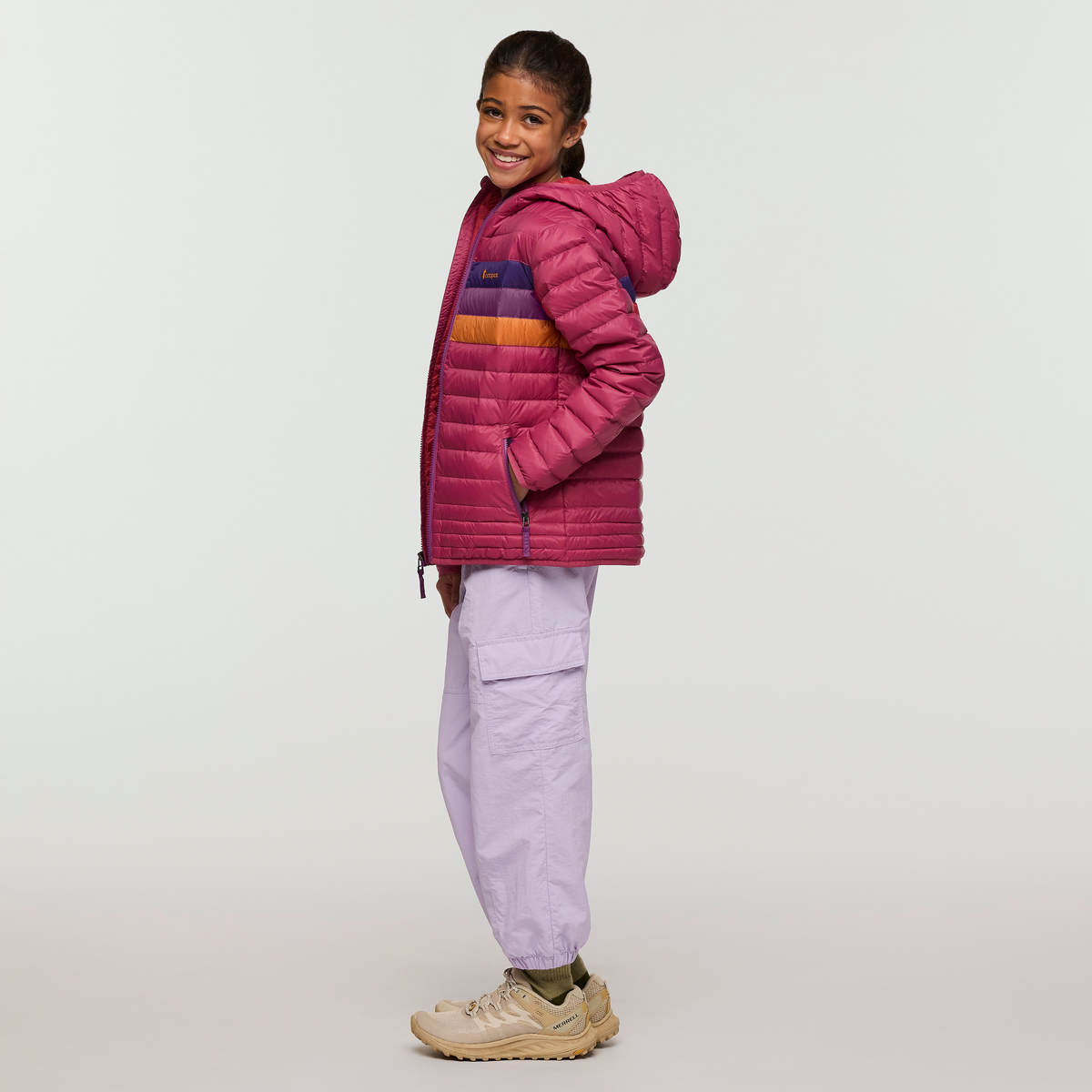 Fuego Hooded Down Jacket - Kids', Sangria Stripes, Model Maliyah