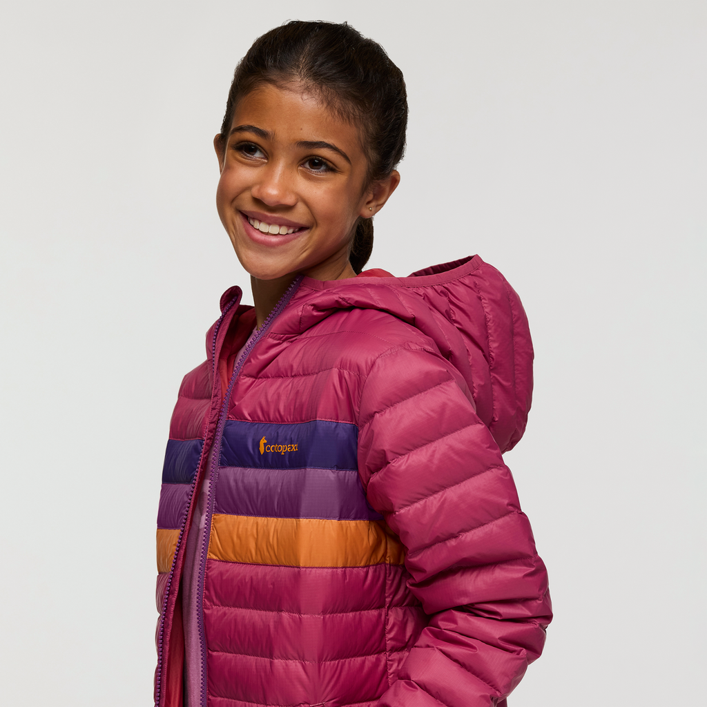 Fuego Hooded Down Jacket - Kids', Sangria Stripes, Model Maliyah