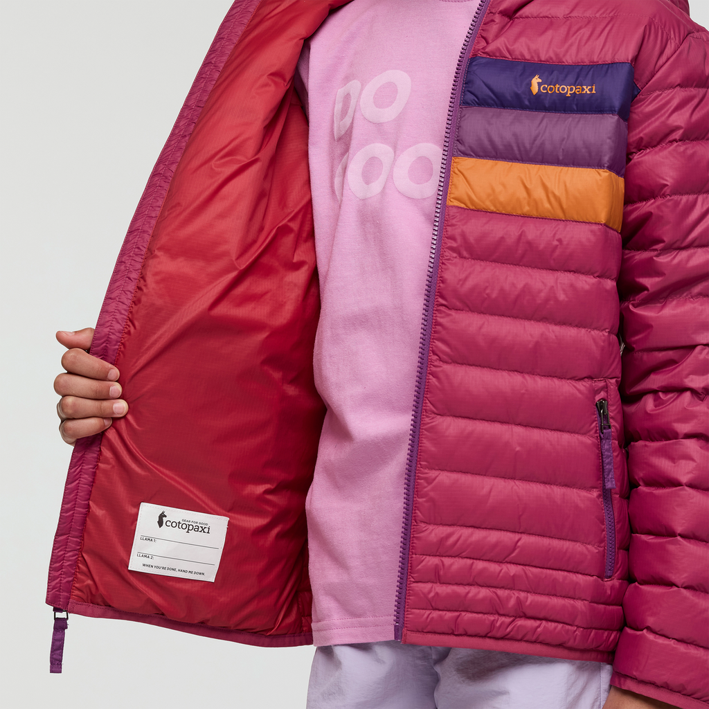 Fuego Hooded Down Jacket - Kids', Sangria Stripes, Model Maliyah
