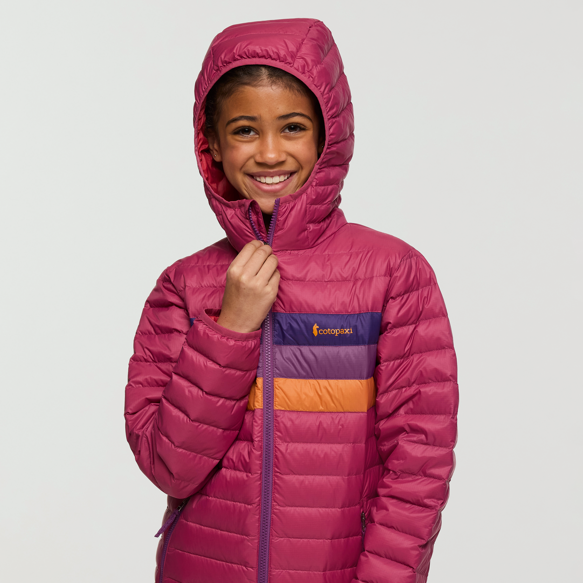 Fuego Hooded Down Jacket - Kids', Sangria Stripes, Model Maliyah