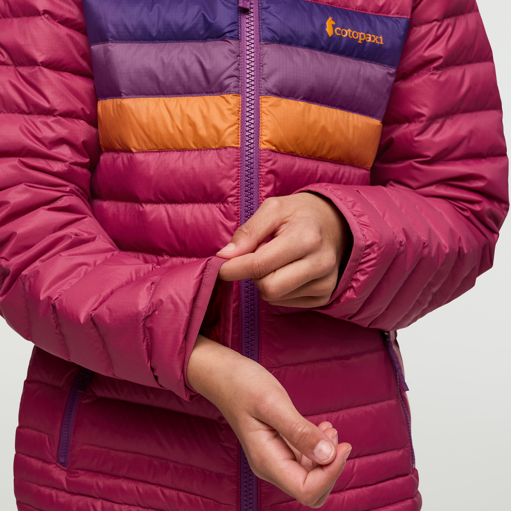 Fuego Hooded Down Jacket - Kids', Sangria Stripes, Model Maliyah