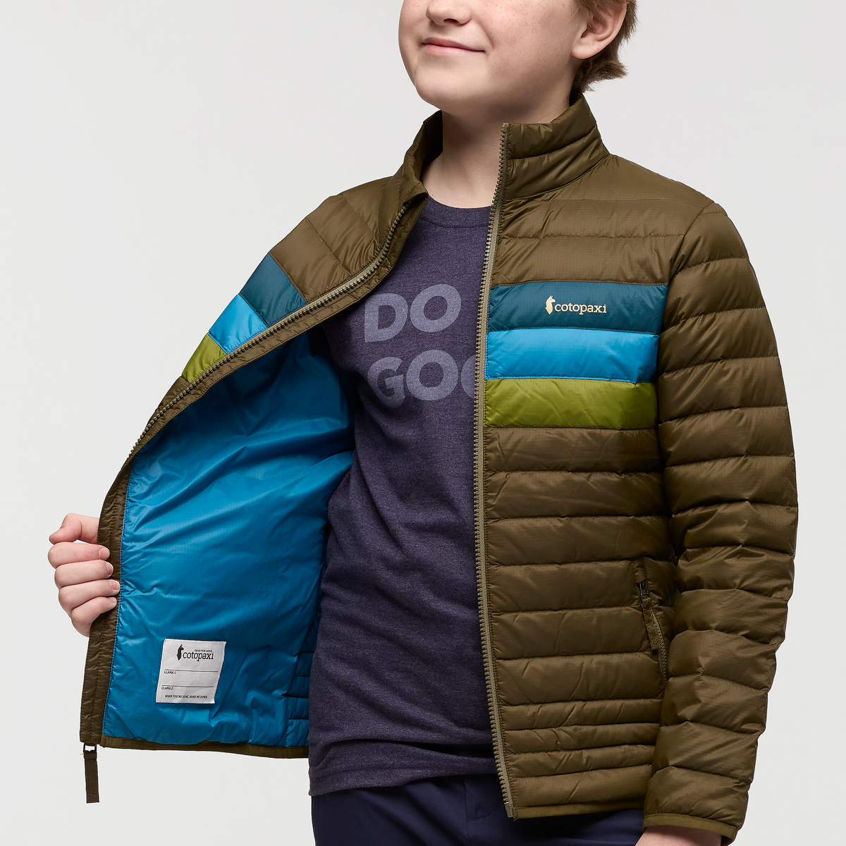 Fuego Down Jacket - Kids', Live Oak Stripes, Model Dax