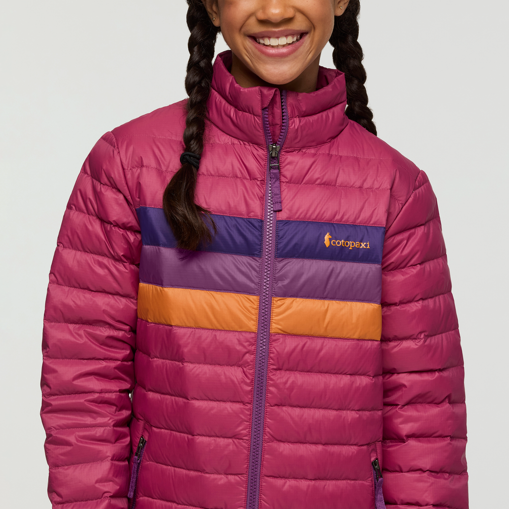 Fuego Down Jacket - Kids', Sangria Stripes, Model Maliyah