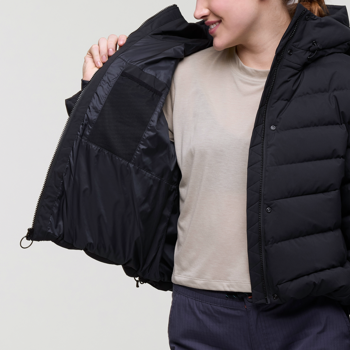 Alivio Down Jacket- Women's, Cotopaxi Black, Model Kathleen