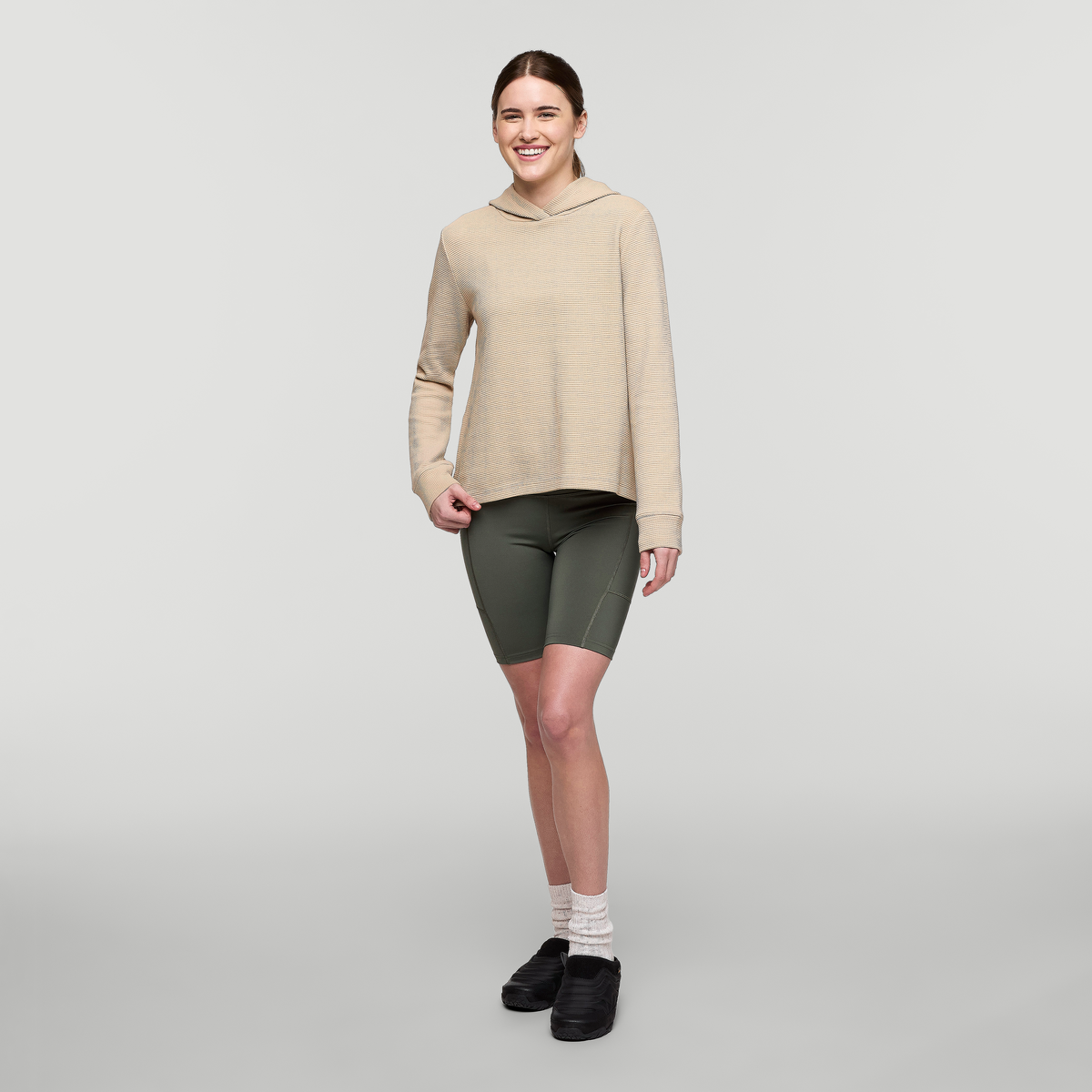 Atajo Long-Sleeve Waffle Hoodie - Women's, Oatmeal, Model Kathleen