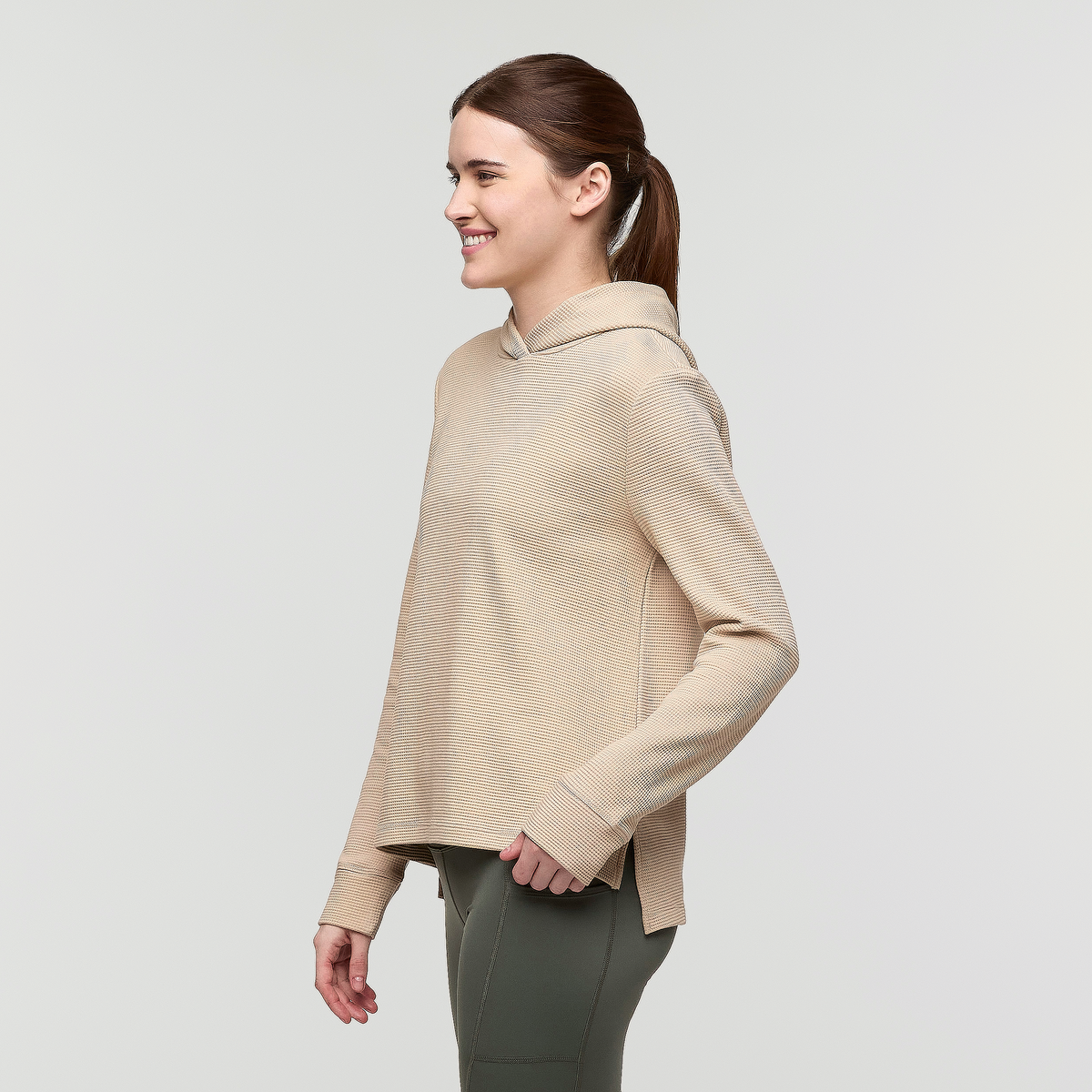 Atajo Long-Sleeve Waffle Hoodie - Women's, Oatmeal, Model Kathleen