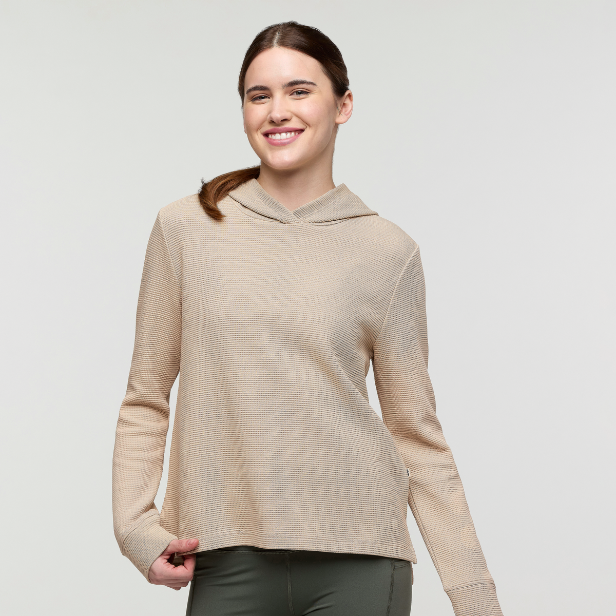 Atajo Long-Sleeve Waffle Hoodie - Women's, Oatmeal, Model Kathleen