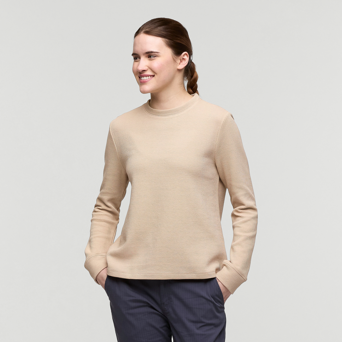 Atajo Long-Sleeve Waffle Shirt - Women's, Oatmeal, Model Kathleen