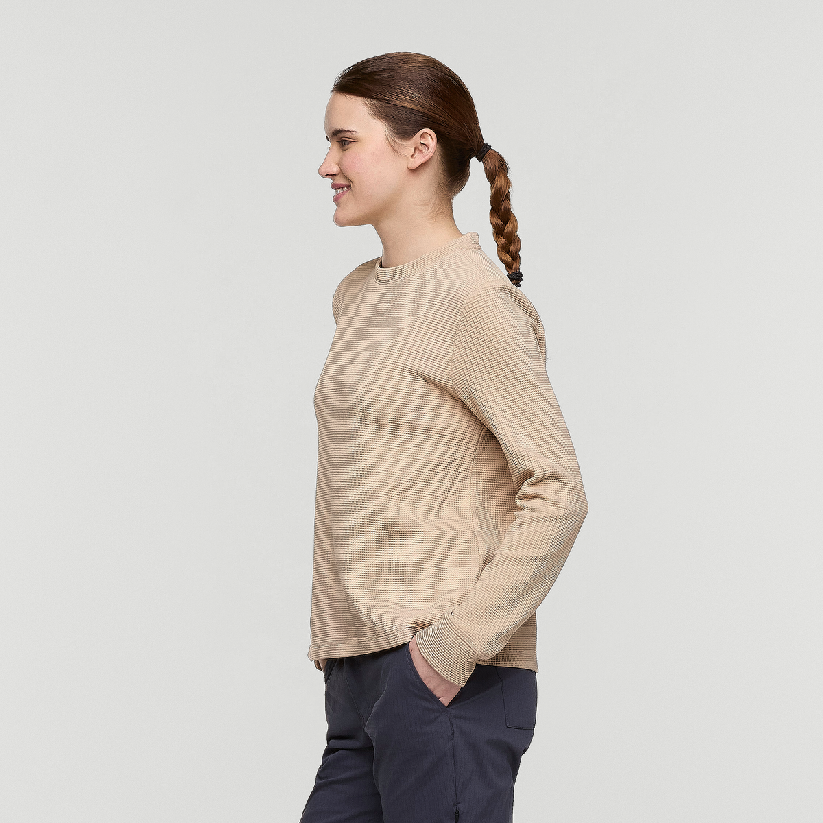 Atajo Long-Sleeve Waffle Shirt - Women's, Oatmeal, Model Kathleen
