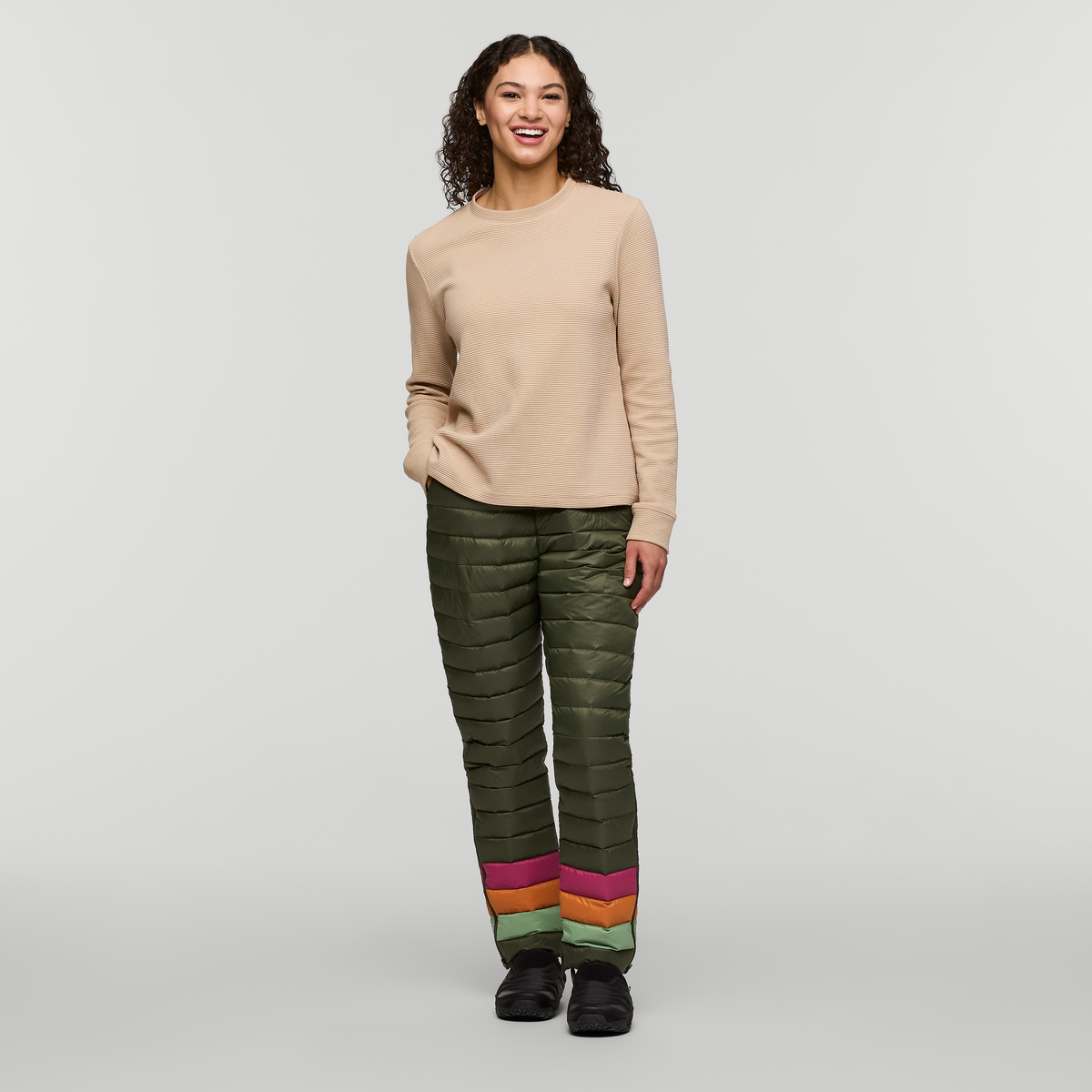 Fuego Down Pant - Women's, Fatigue Stripes, Model London