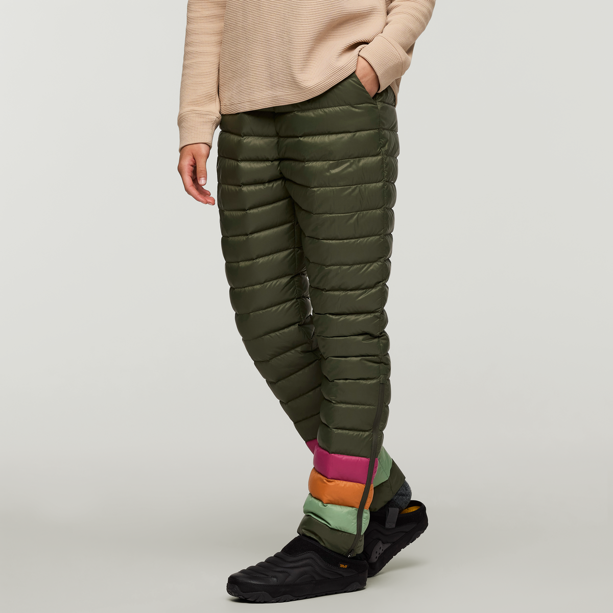 Fuego Down Pant - Women's, Fatigue Stripes, Model London