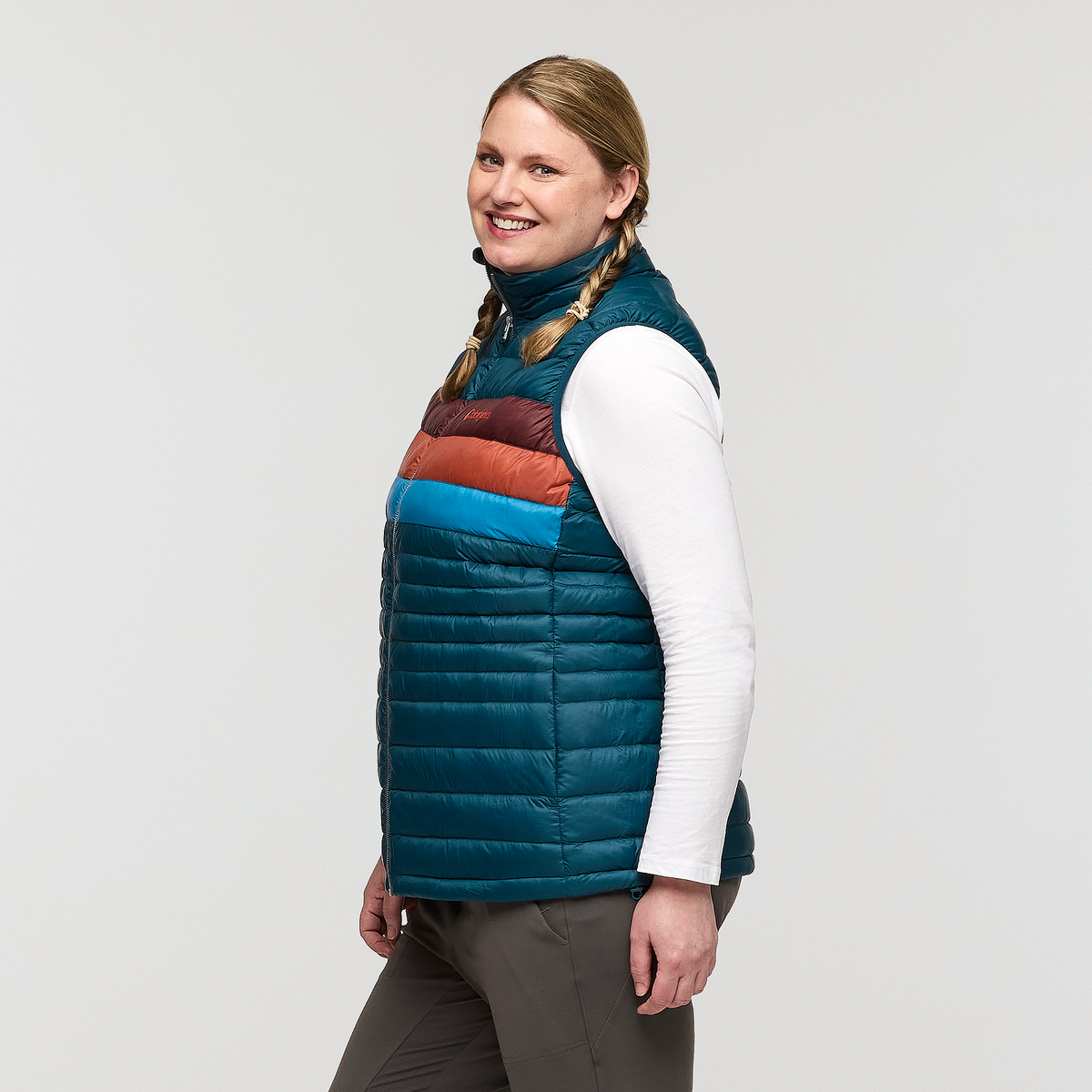 Fuego Down Vest - Women's, Abyss Stripes, Model Nicole