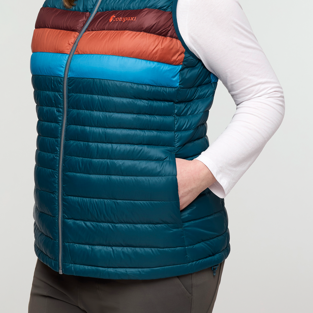 Fuego Down Vest - Women's, Abyss Stripes, Model Nicole