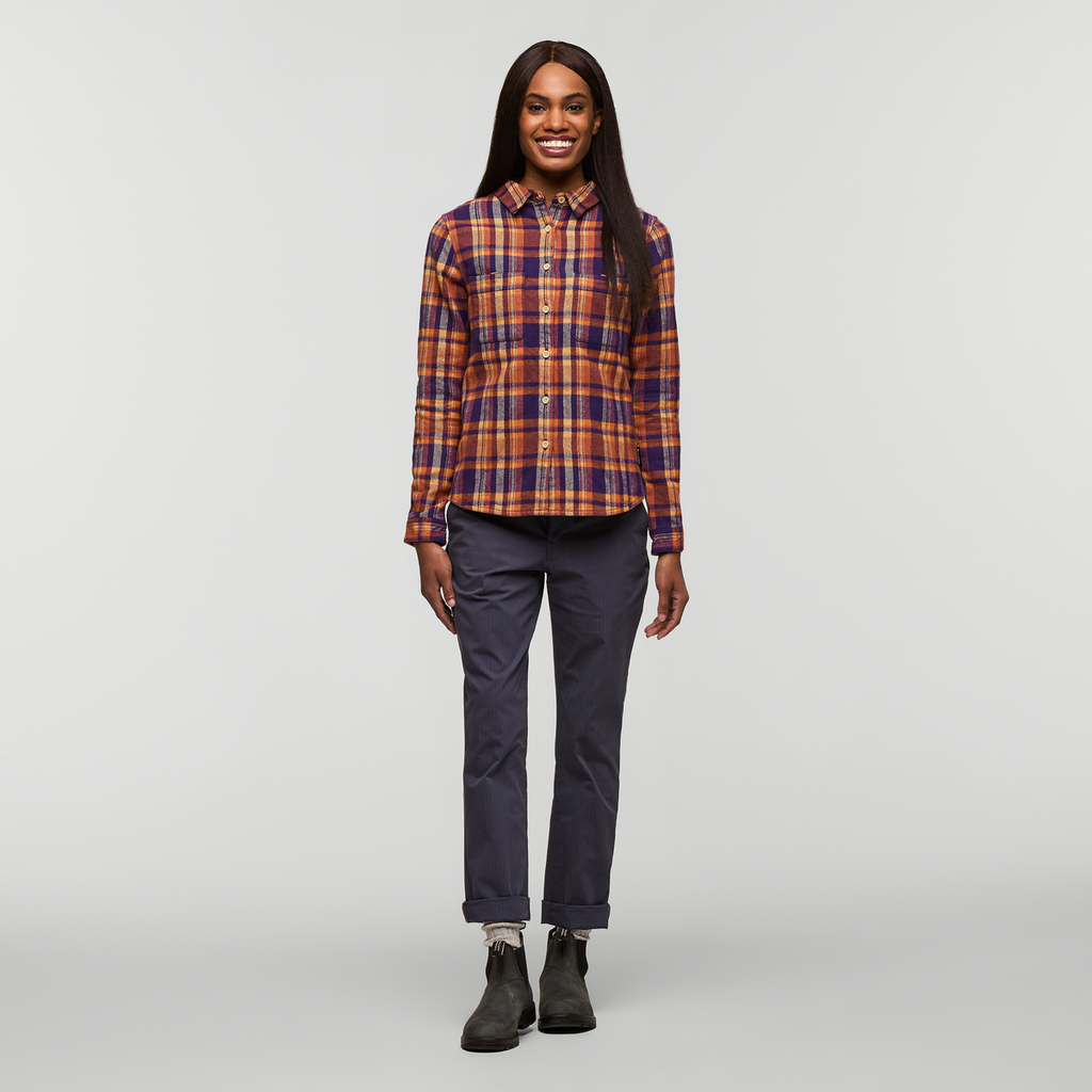 Mero Organic Flannel Shirt - Women's, Black Violet Plaid, Model Sydney