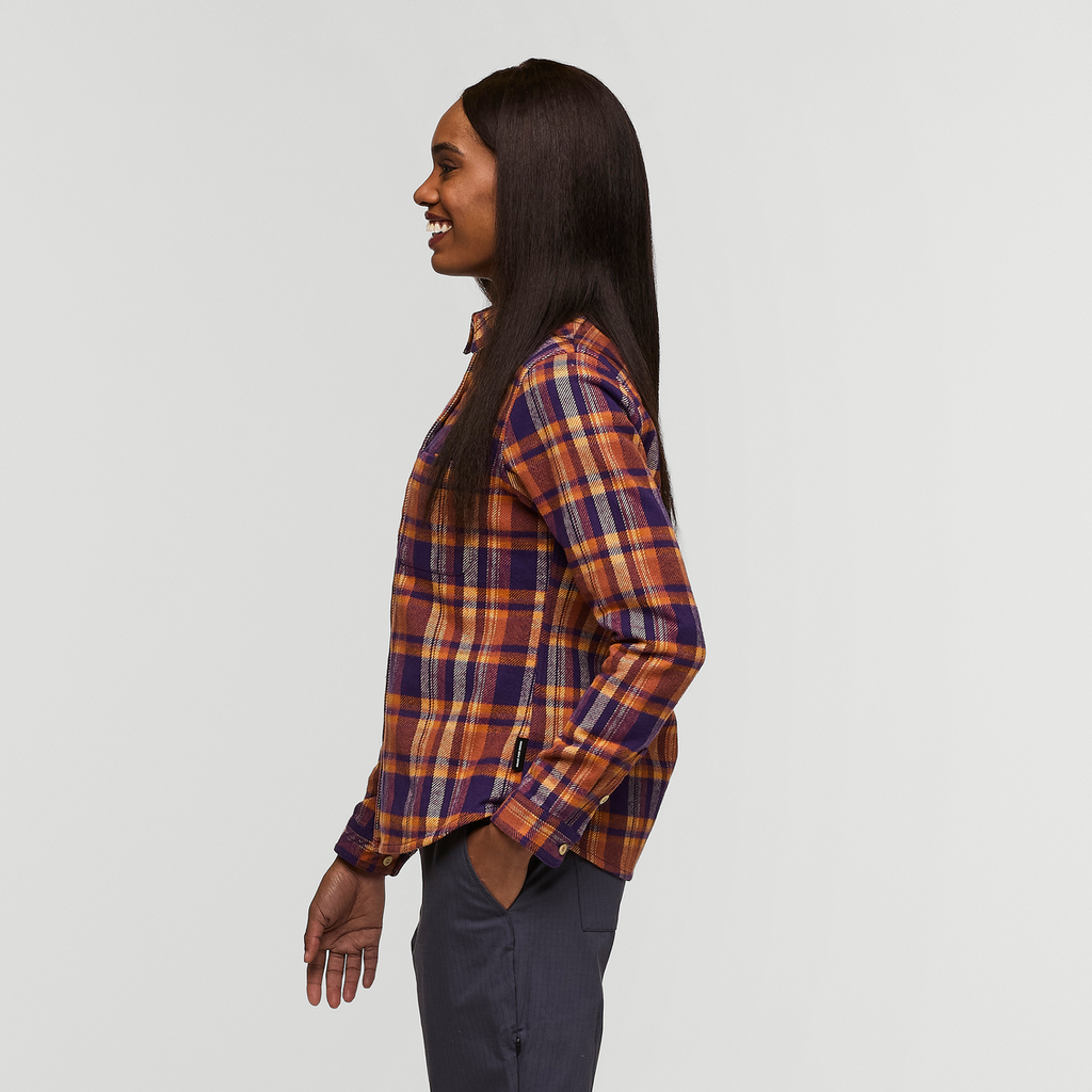 Mero Organic Flannel Shirt - Women's, Black Violet Plaid, Model Sydney