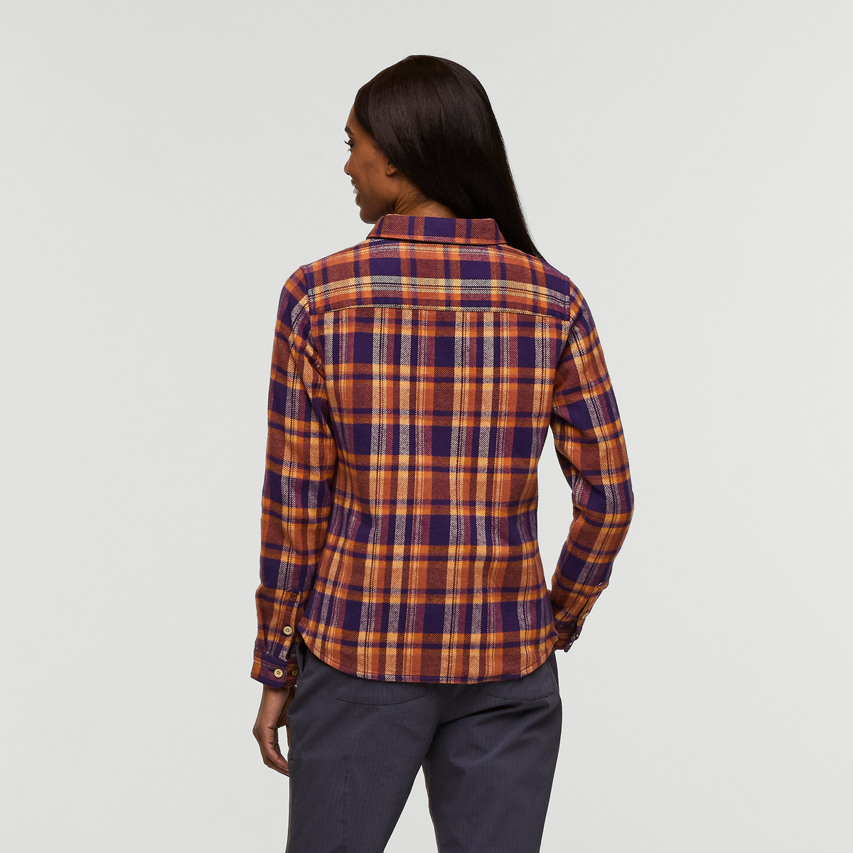 Mero Organic Flannel Shirt - Women's, Black Violet Plaid, Model Sydney