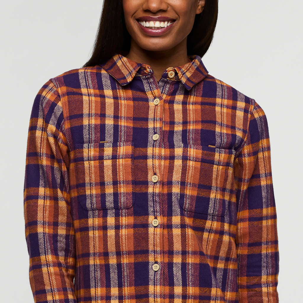 Mero Organic Flannel Shirt - Women's, Black Violet Plaid, Model Sydney