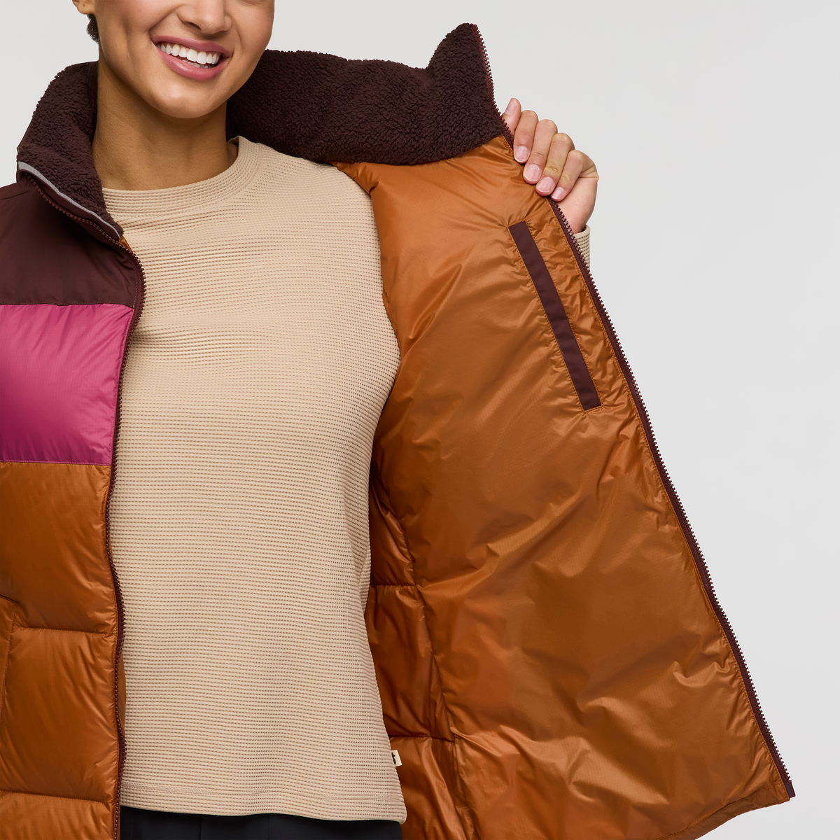Solazo Down Vest - Women's, Chestnut/Sangria, Model London