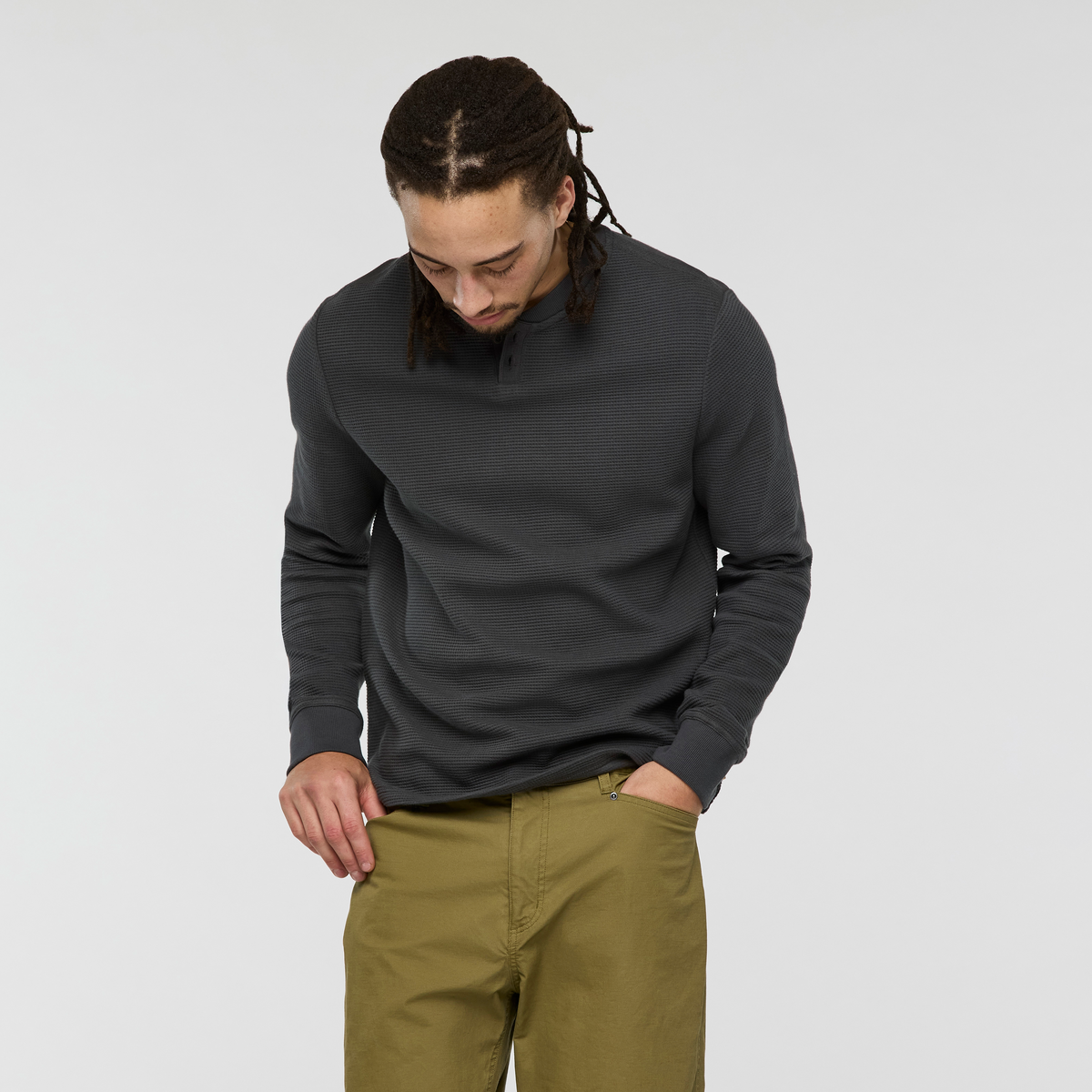 Atajo Long-Sleeve Waffle Henley - Men's, Charcoal, Model Kai