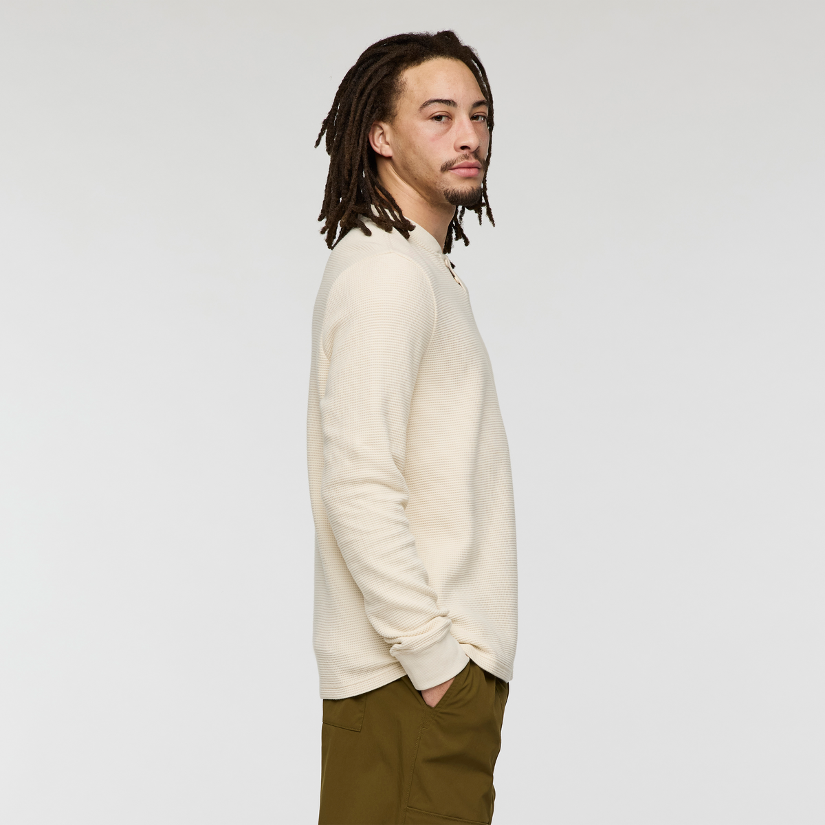 Atajo Long-Sleeve Waffle Henley - Men's, Cream, Model Kai
