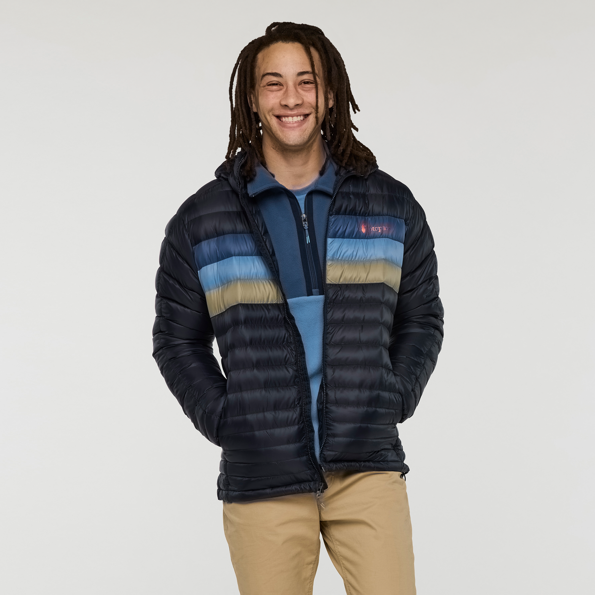 Fuego Down Hooded Jacket - Men's, Carbon Stripes, Model Kai