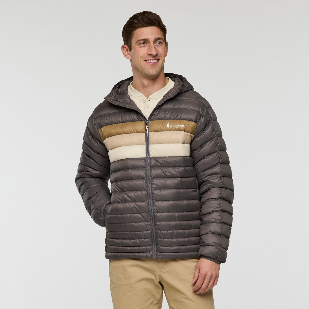 Fuego Down Hooded Jacket - Men's, Cinder Stripes, Model Jackson