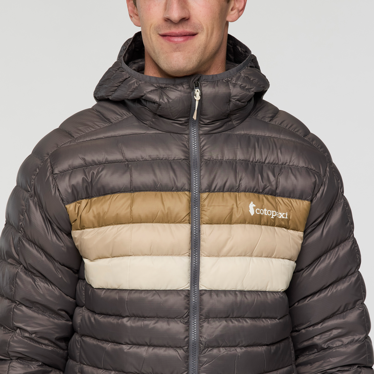 Fuego Down Hooded Jacket - Men's, Cinder Stripes, Model Jackson