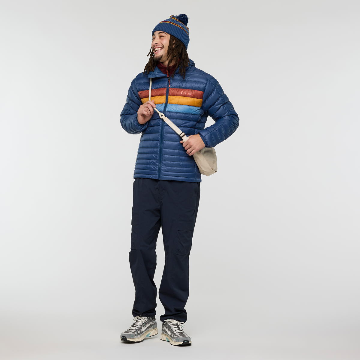 Fuego Down Hooded Jacket - Men's, Deep Sea Stripes, Model Kai