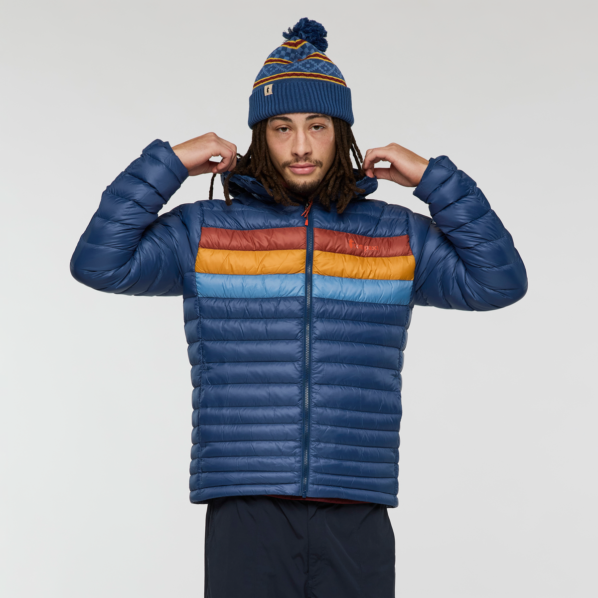Fuego Down Hooded Jacket - Men's, Deep Sea Stripes, Model Kai