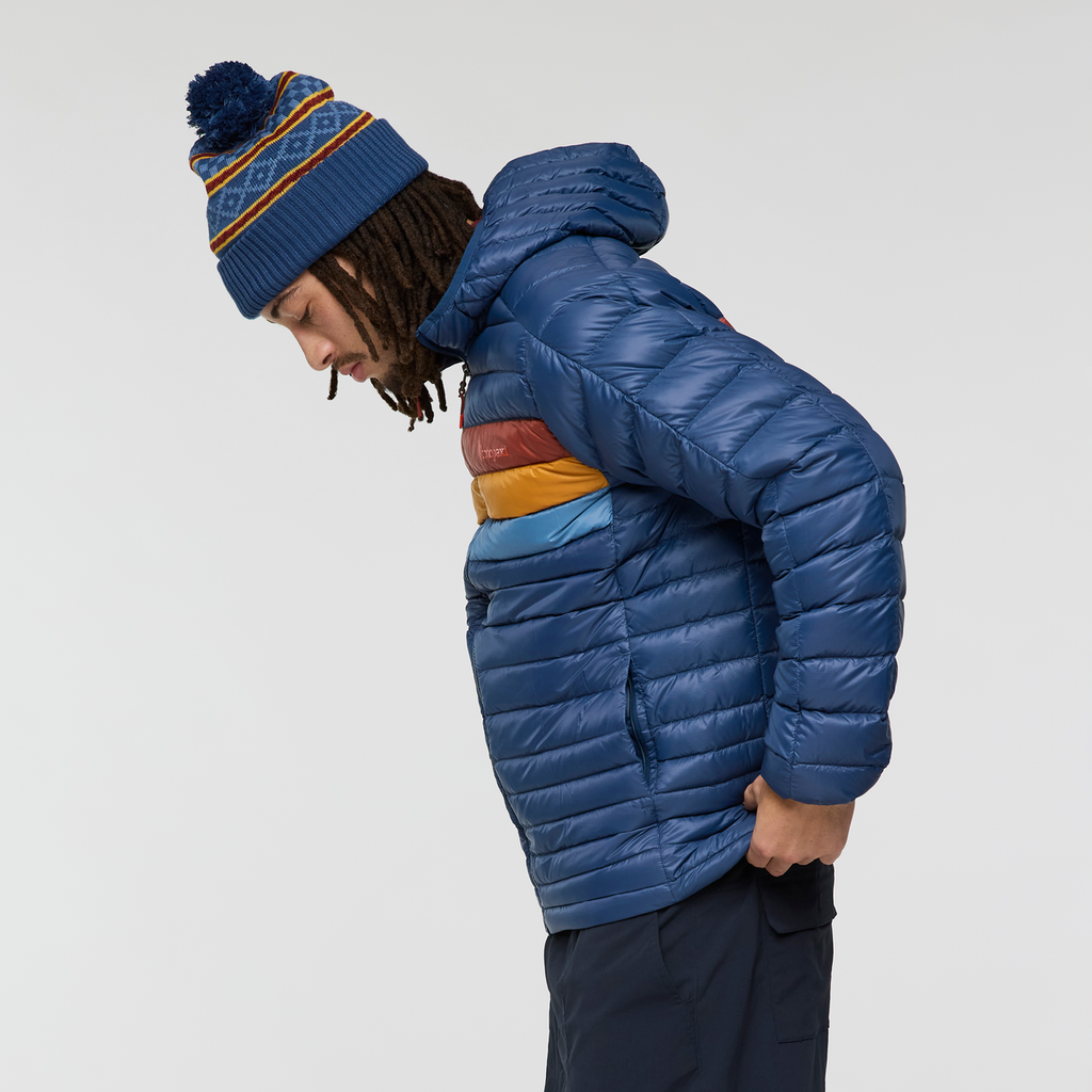 Fuego Down Hooded Jacket - Men's, Deep Sea Stripes, Model Kai