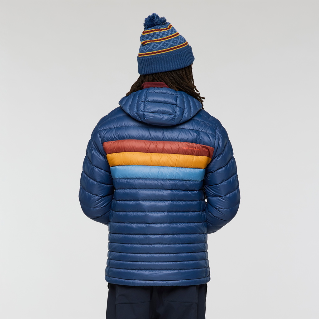 Fuego Down Hooded Jacket - Men's, Deep Sea Stripes, Model Kai