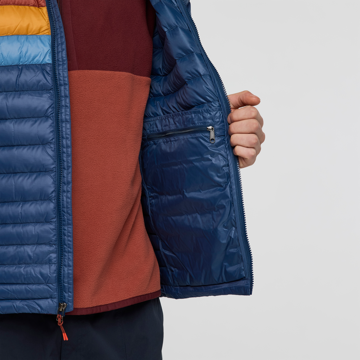 Fuego Down Hooded Jacket - Men's, Deep Sea Stripes, Model Kai