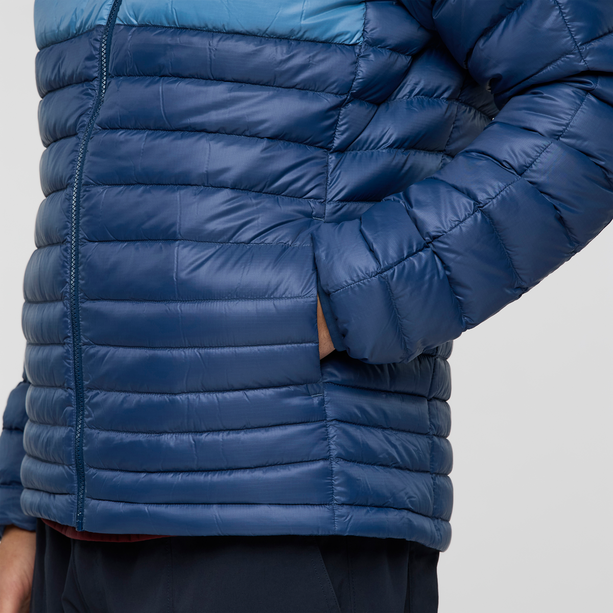 Fuego Down Hooded Jacket - Men's, Deep Sea Stripes, Model Kai