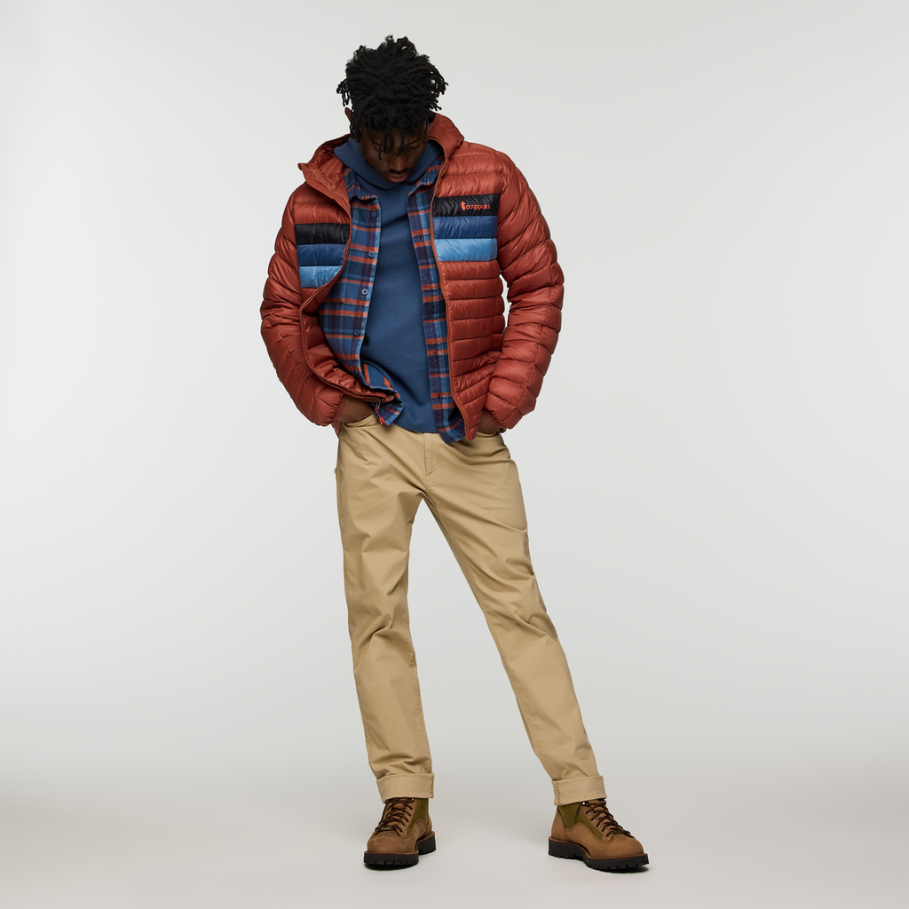 Fuego Down Hooded Jacket - Men's, Nutmeg Stripes, Model Nicolas