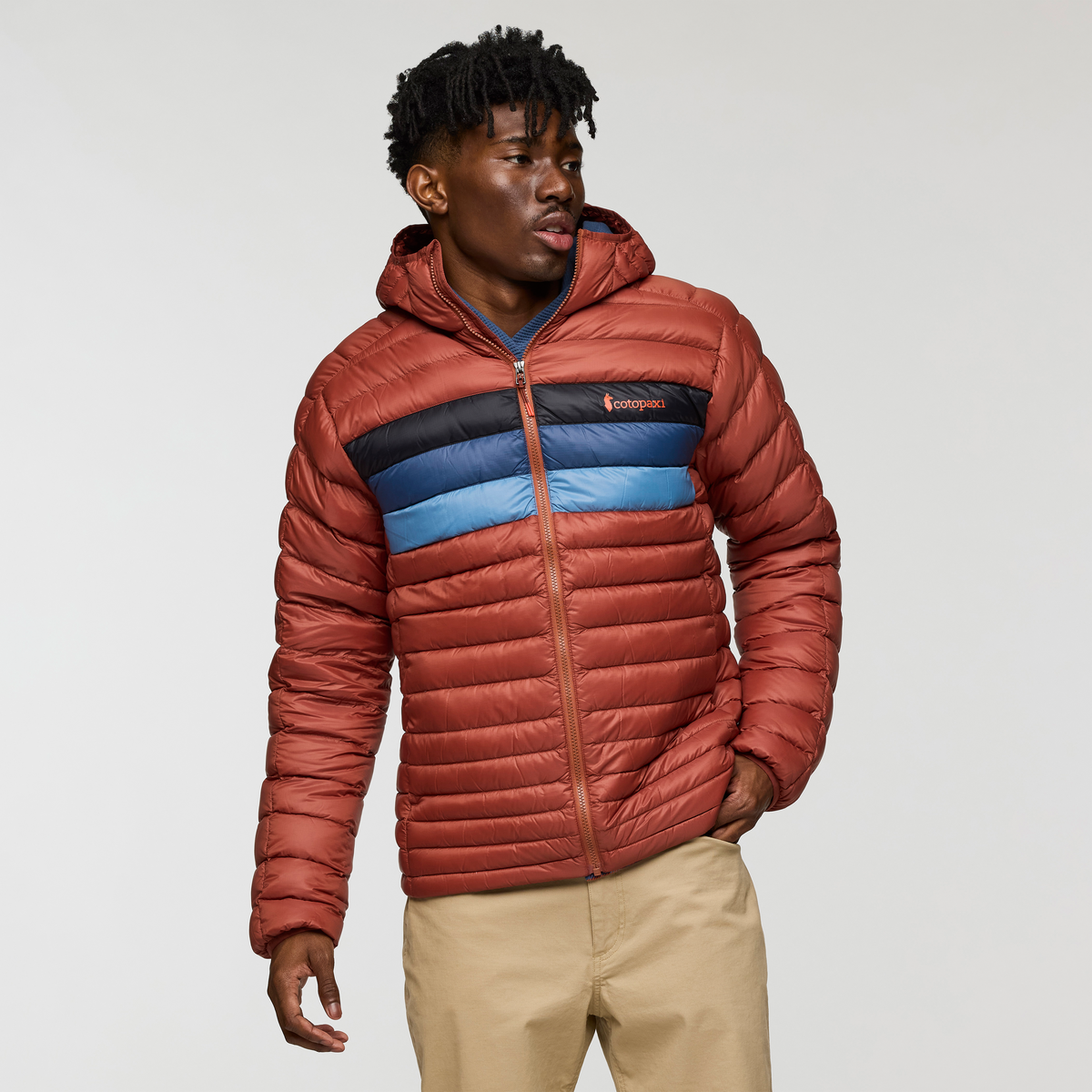 Fuego Down Hooded Jacket - Men's, Nutmeg Stripes, Model Nicolas