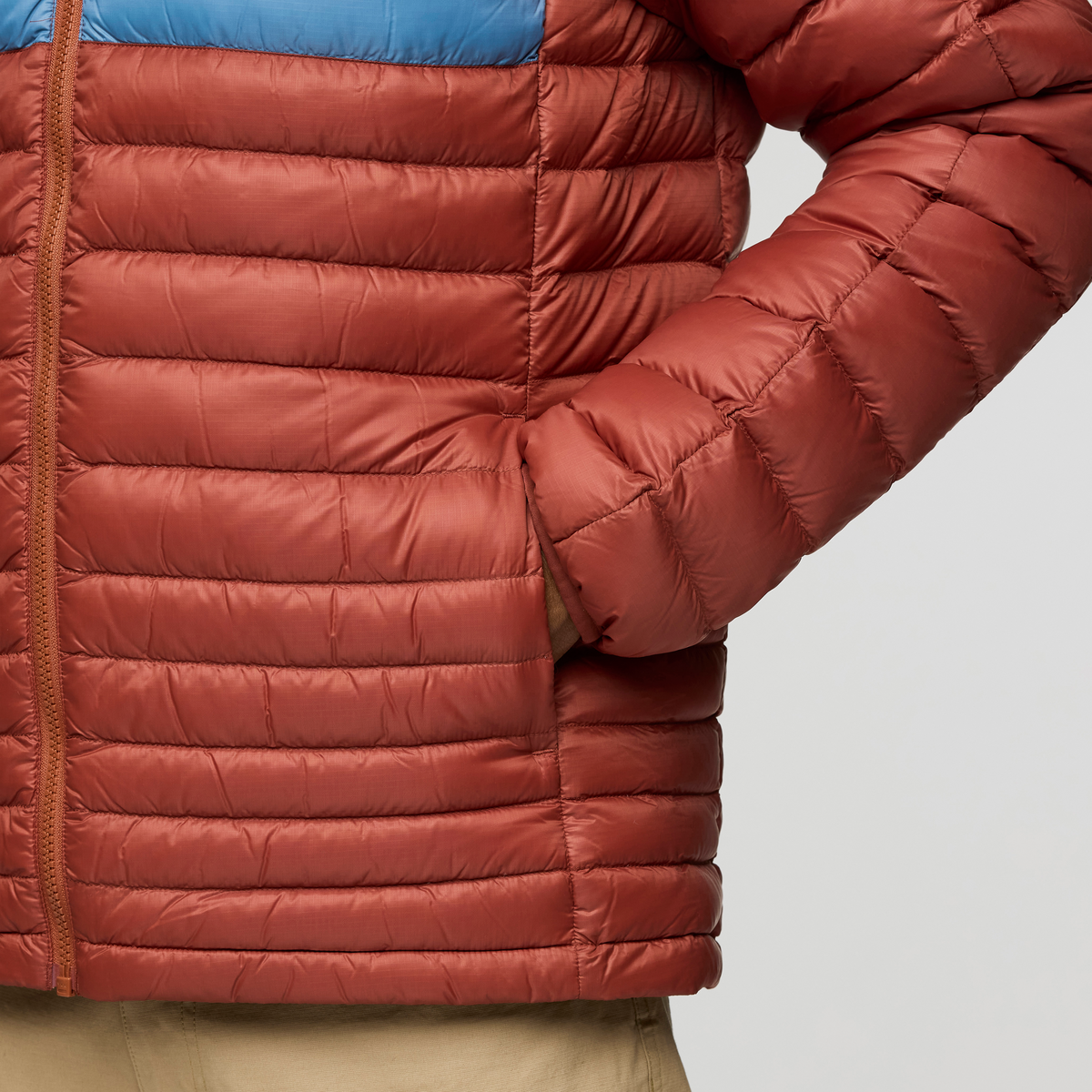 Fuego Down Hooded Jacket - Men's, Nutmeg Stripes, Model Nicolas