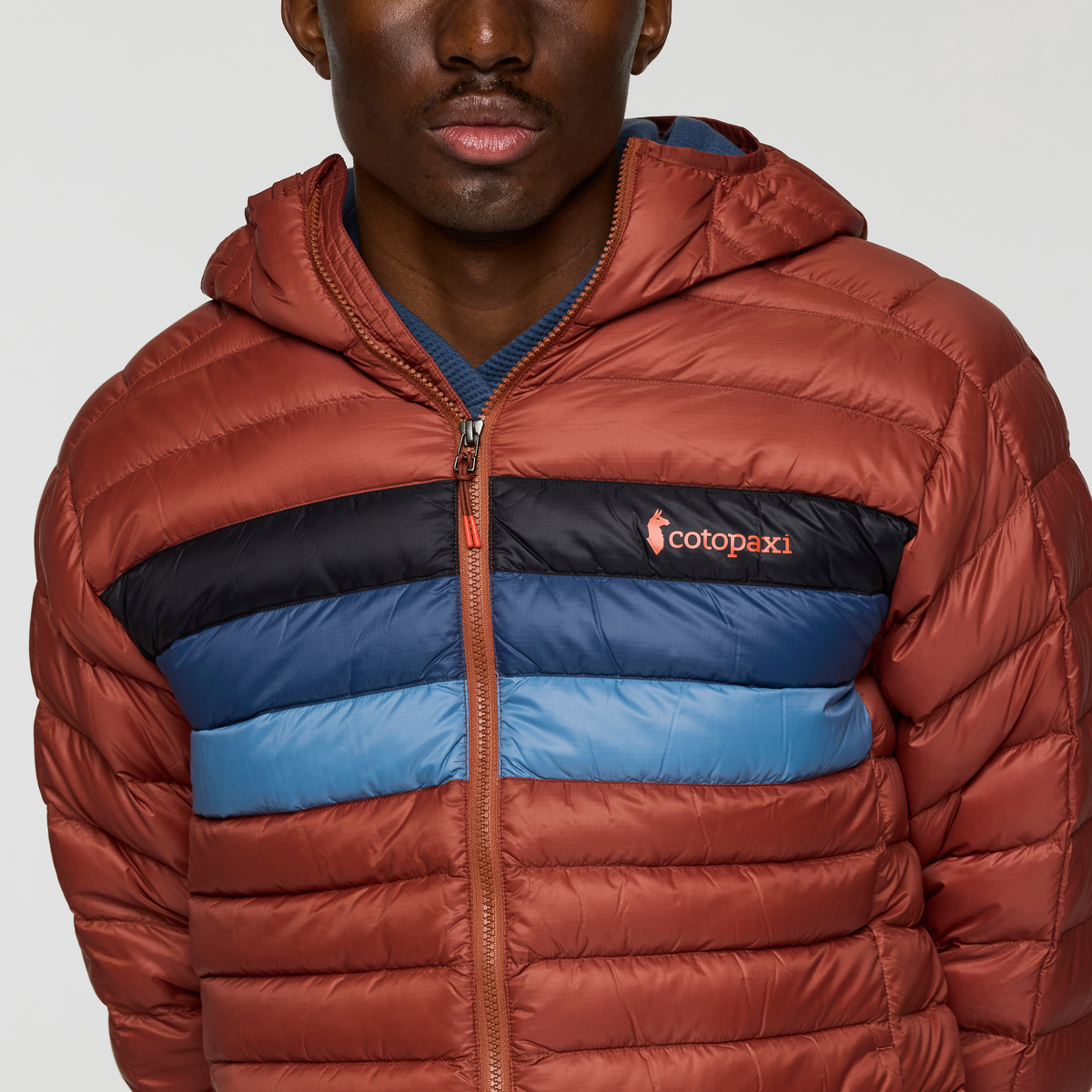 Fuego Down Hooded Jacket - Men's, Nutmeg Stripes, Model Nicolas