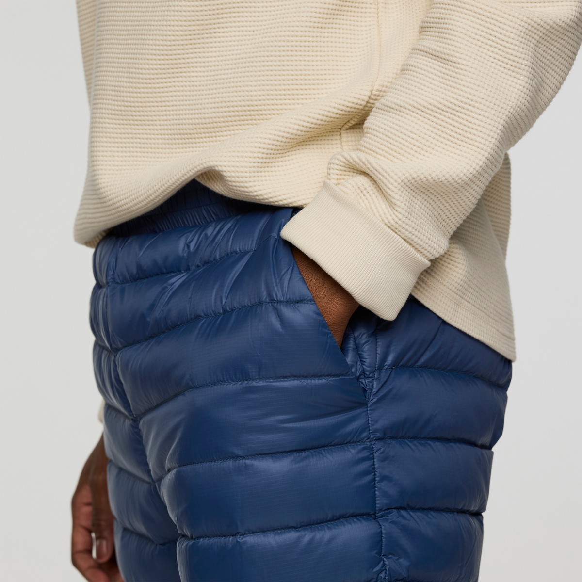 Fuego Down Pant - Men's, Deep Sea Stripes, Model Nicolas