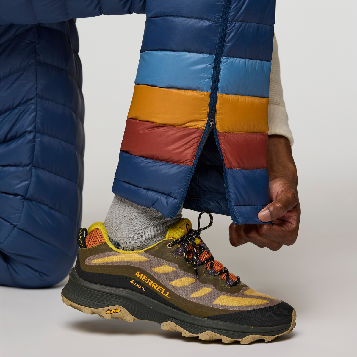 Fuego Down Pant - Men's, Deep Sea Stripes, Model Nicolas