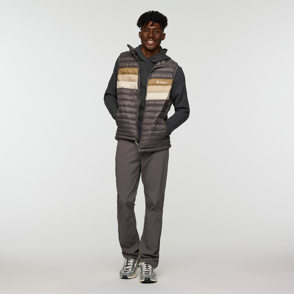 Fuego Down Vest - Men's, Cinder Stripes, Model Nicolas