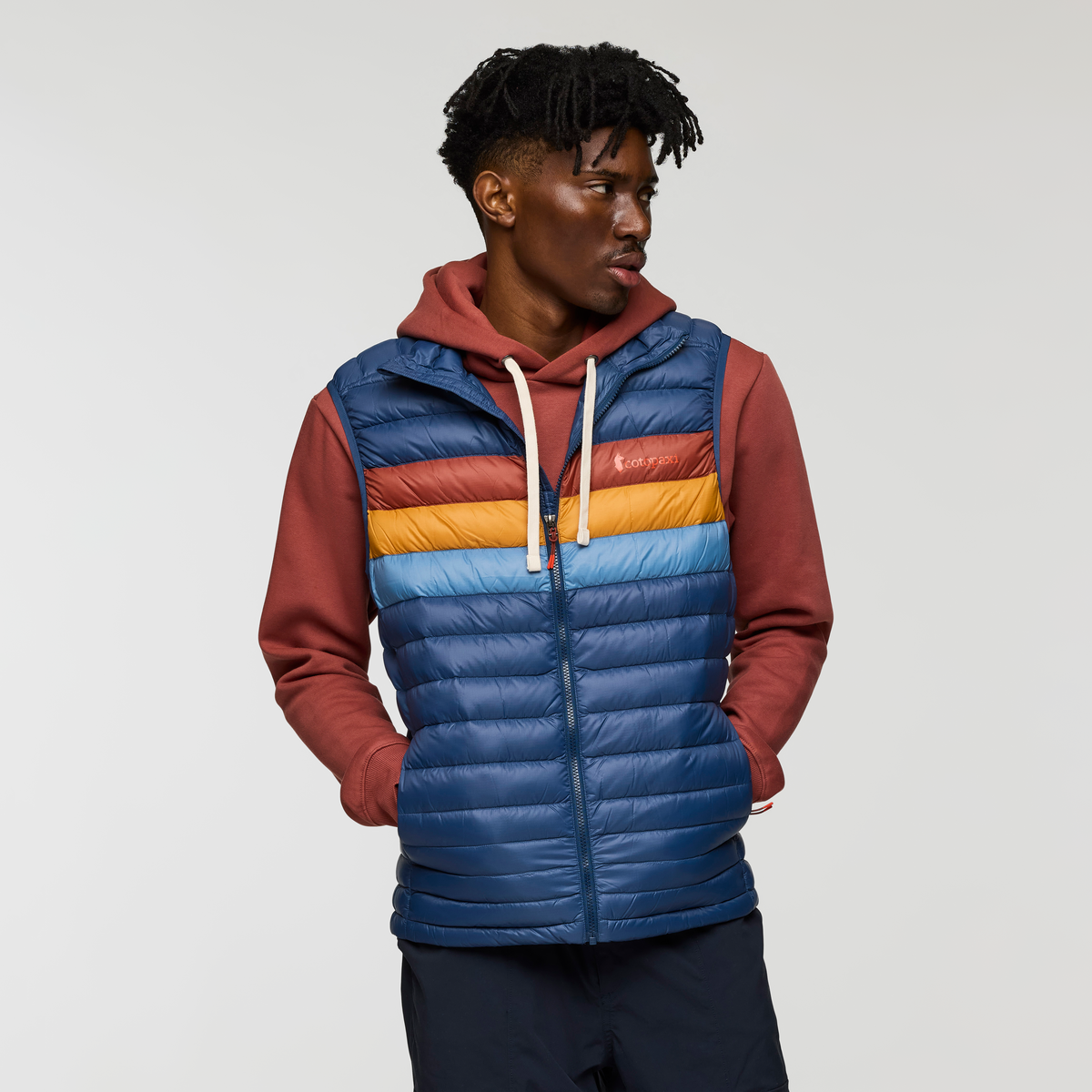 Fuego Down Vest - Men's, Deep Sea Stripes, Model Nicolas