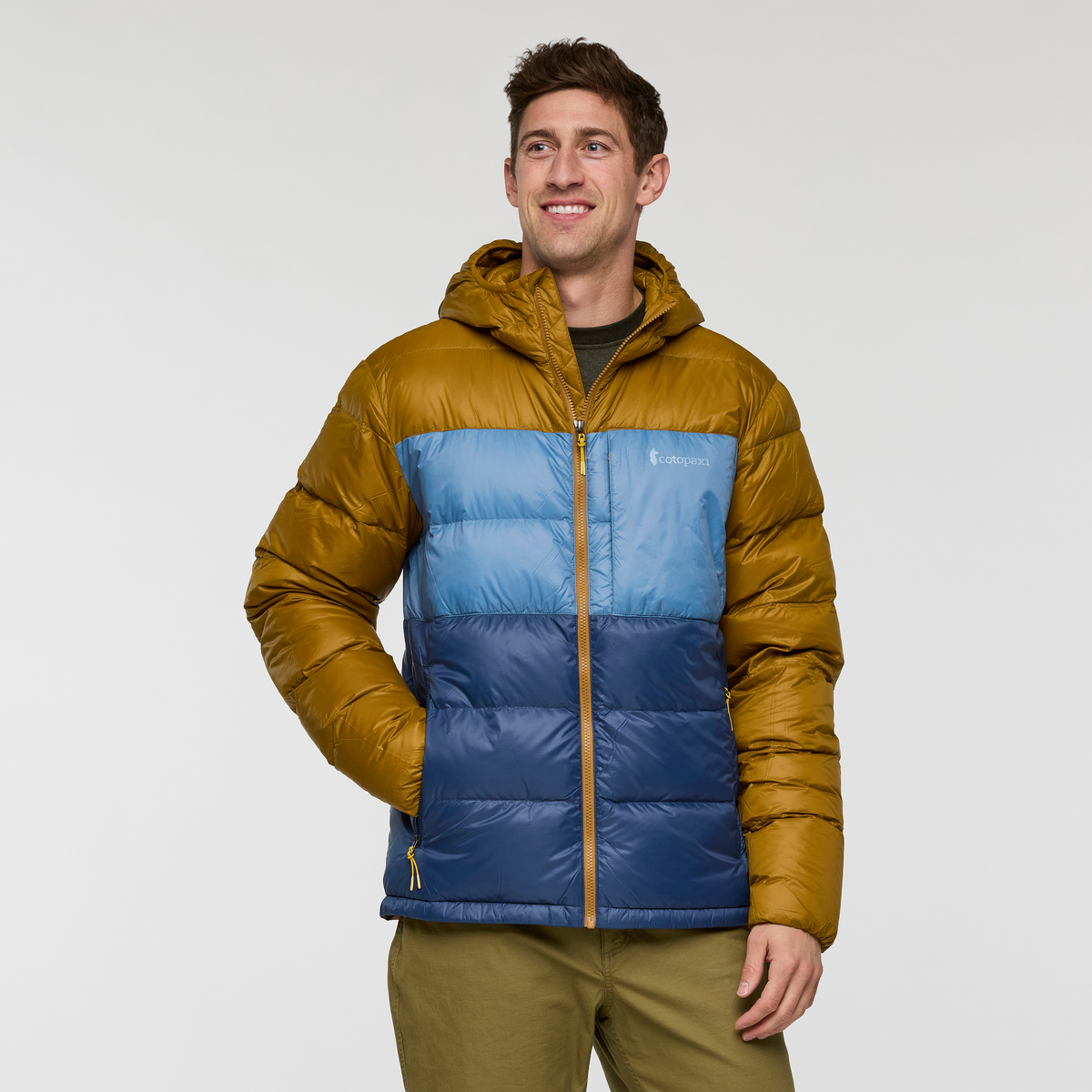 Fuego Max Down Hooded Jacket - Men's, Bronze/Deep Sea, Model Jackson