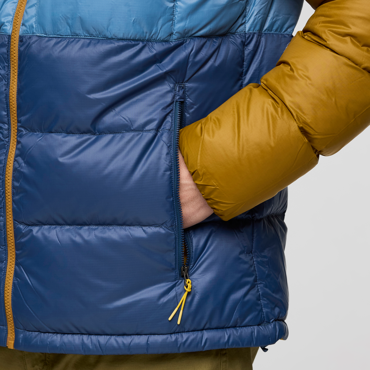 Fuego Max Down Hooded Jacket - Men's, Bronze/Deep Sea, Model Jackson