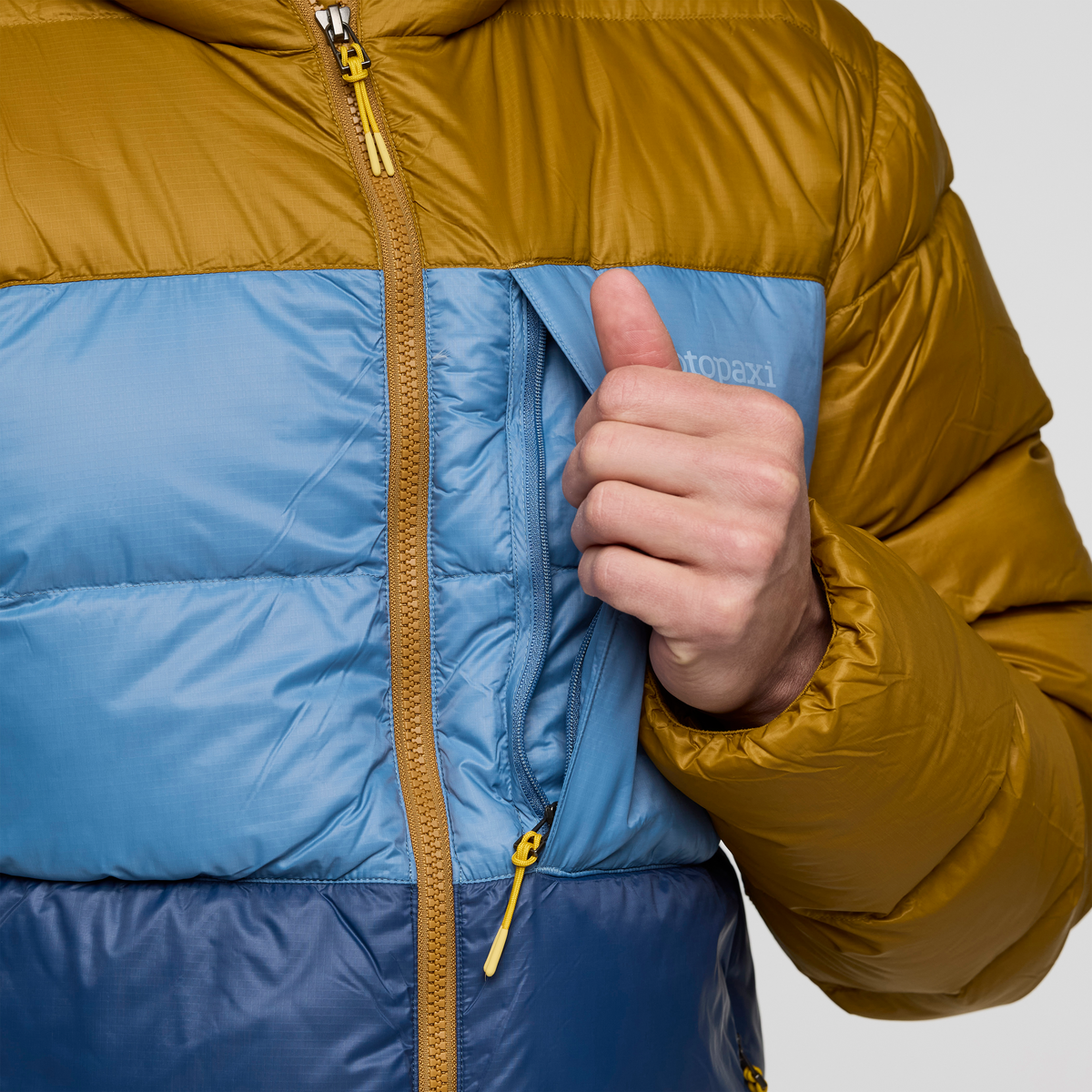 Fuego Max Down Hooded Jacket - Men's, Bronze/Deep Sea, Model Jackson