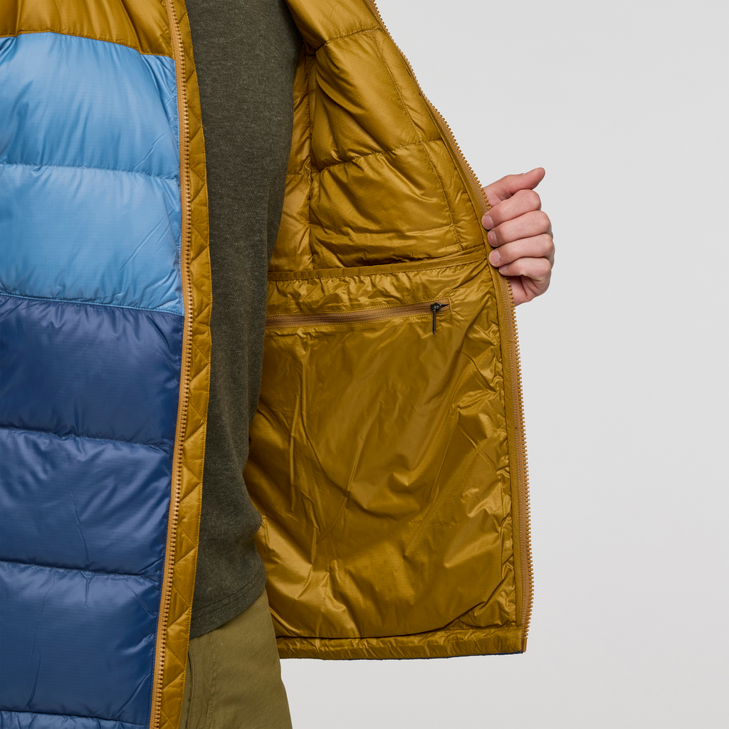 Fuego Max Down Hooded Jacket - Men's, Bronze/Deep Sea, Model Jackson